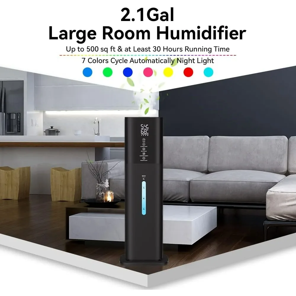 Dormitorio de habitación grande con luz de 7 colores, 2,1 gal(8 L) Humidificador ultrasónico silencioso de niebla fría de 3 velocidades con 360 °   Boquilla, juego de humedad