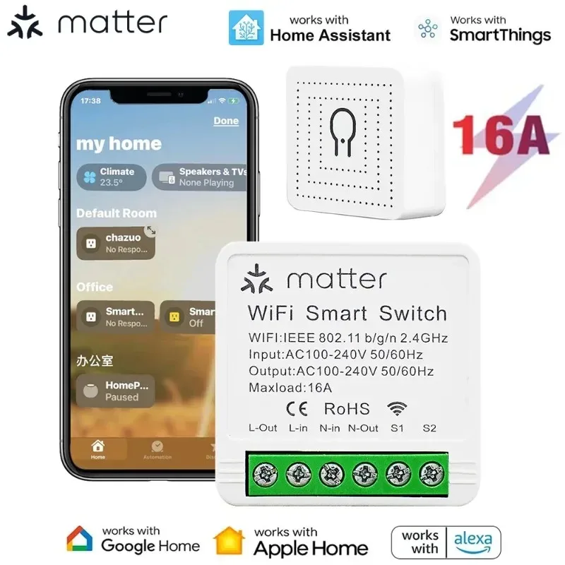 Matter Wifi Mini 16A Smart Switch 2 Way DIY Universal Air-conditioner Fan TV Table Lamp Breaker Alexa Google Home Voice Control