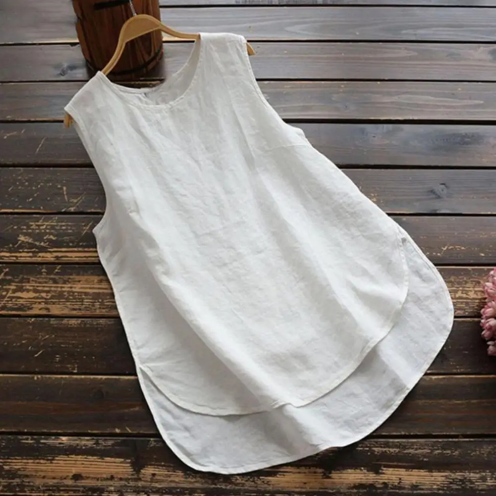 

Sleeveless Blouse Stylish Women's Summer Vest O-neck Sleeveless Tank Top with Side Slit Hem Loose Fit Mid-length Casual Pullover