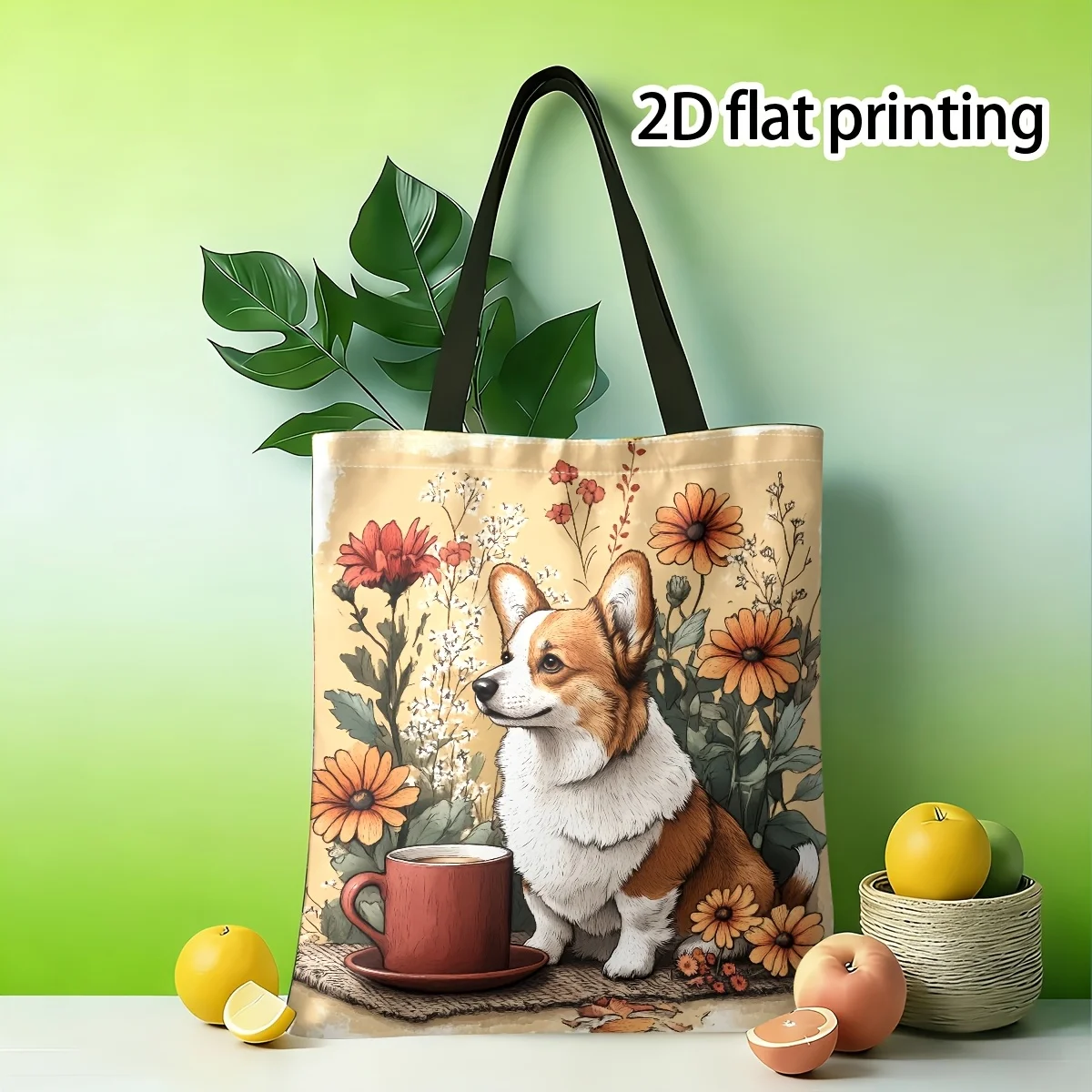Tote Bag, Vintage Pastoral Floral Corgi Coffee Illustration Tote Bag, Large Capacity for Casual Storage, Supermarket Shopping,