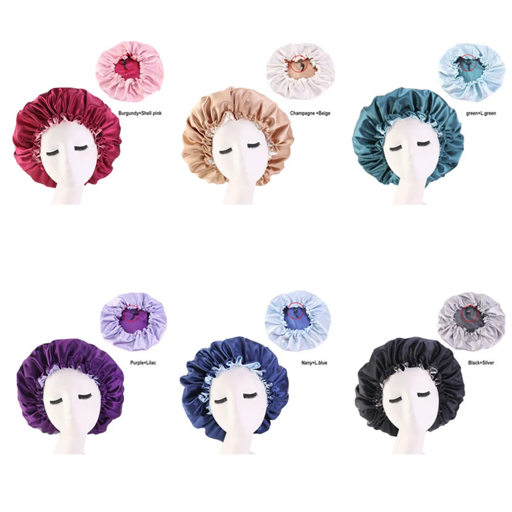 قبعة نوم من الساتان بطبقة مزدوجة قابلة للتنفس للنساء، تغطية كاملة، قبعة سماء مرنة قابلة للتعديل لرطوبة الشعر