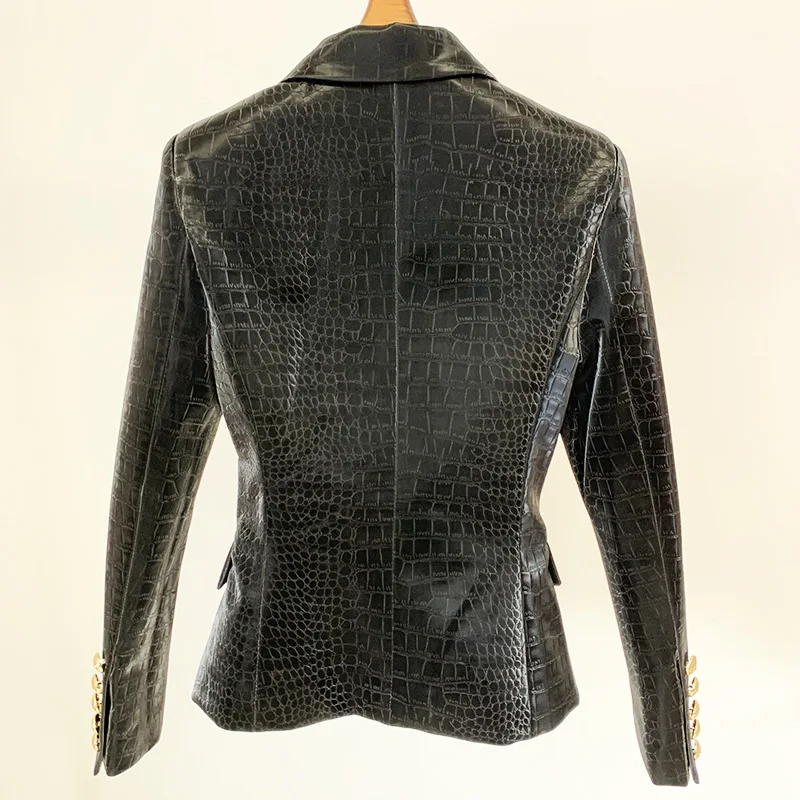 Jas Vrouwen Nieuwe Crocodile Reliëf Synthetische Lederen Leeuw Hoofd Metalen Gesp Double Breasted Slim Fit Pak Leren Jas