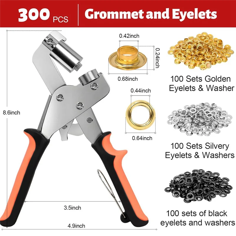 ชุดเครื่องมือ ABJI-Grommet พร้อมห่วงยางโลหะ 300 ชิ้น - คีมห่วงยางขนาด 3/8 นิ้วสำหรับงานหนัก