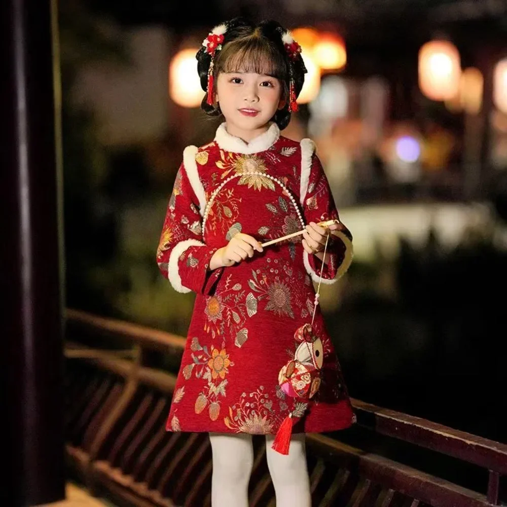 Capodanno Qipao Bambini Ragazza Cinese Tradizionale Tang-Suit Bambini Capodanno Vestiti di Spessore Hanfu Cheongsam Abito a Maniche Lunghe