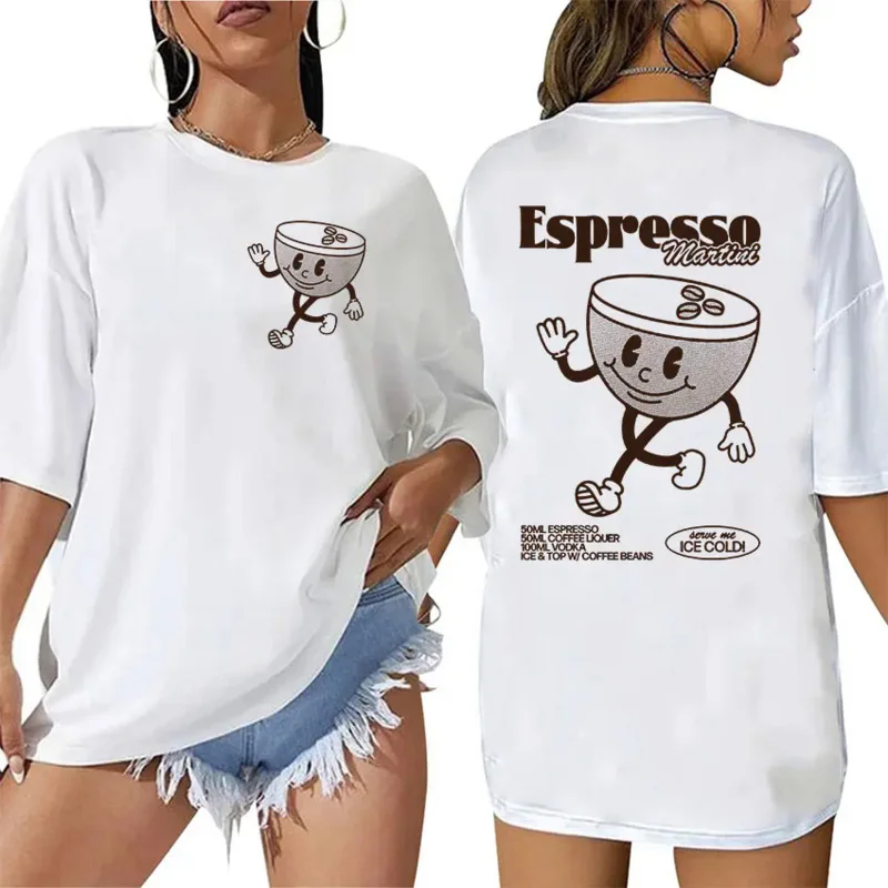 Espresso Martini Cocktail Cute Cartoon T Shirt Men Women Retro Fashion Short Sleeve 100% Casual Cotton Overfitted Tshirts