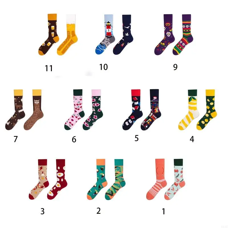 Y1AC Männer Frauen Paar Lustige Socken Neuheit Harajuku AB Asymmetrische Bunte Cartoon-Muster Jacquard Hip Hop Skateboard