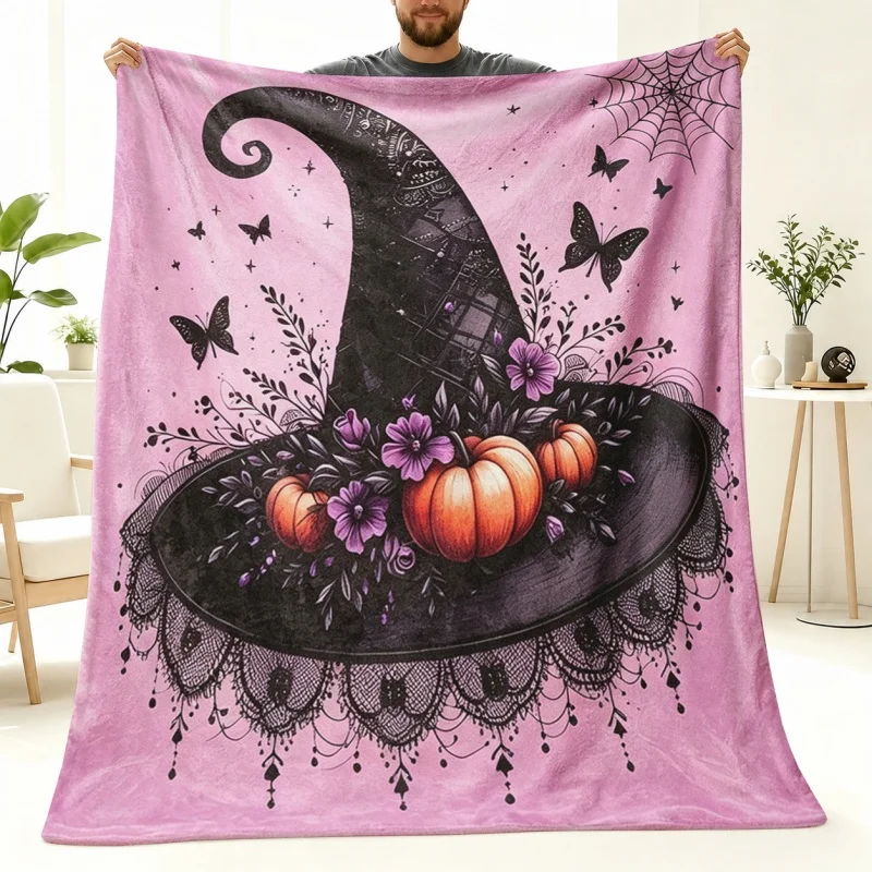 Two Cute Ghost Holding Pumpkin Full Moon Floral Halloween Flannel Blanket,Sweet Spooky Cartoon Ghost Holiday Blanket for Decor