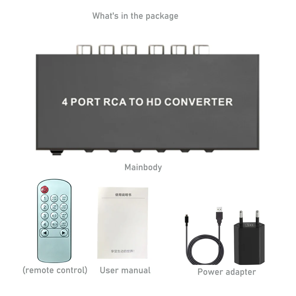 RCA to HDMI 1080P Converter Switch 4 in 1 out Composite AV to HDMI Scaler Switch converter with Remote 3 RCA AV in HDMI out