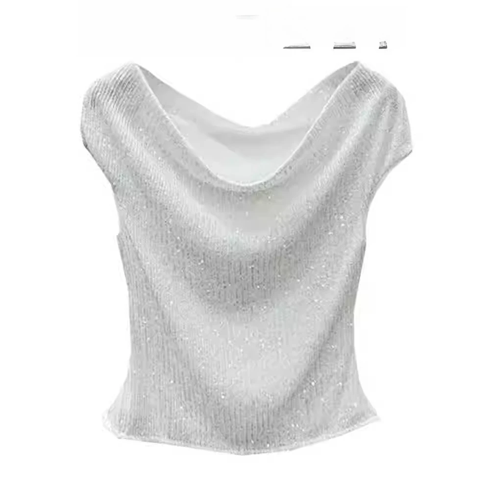 

French Style Heavy Sequin Off Shoulder Sleeveless Top for Women Summer Tweed Inspired Slim Fit Crop Top Y2K Chic Fashion Blouse