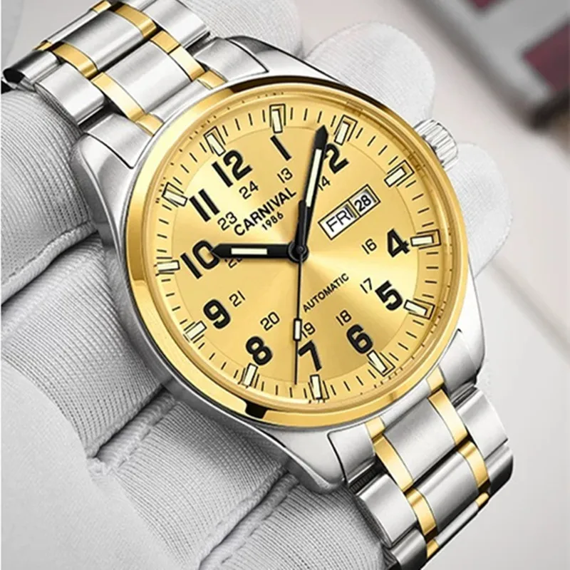 Carnival Brand Luxury Business Man Watch Fashion Waterproof Gold Silver Calendar Automatic Mechanical Wristwatches for Men Reloj