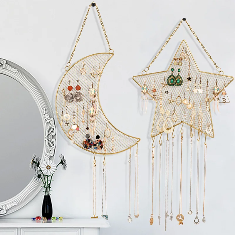 

Nordic Star Moon Wall Grid Display Metal Jewelry Hanger for Earrings Ear Studs Accessories Wall Decoration Household Supplies