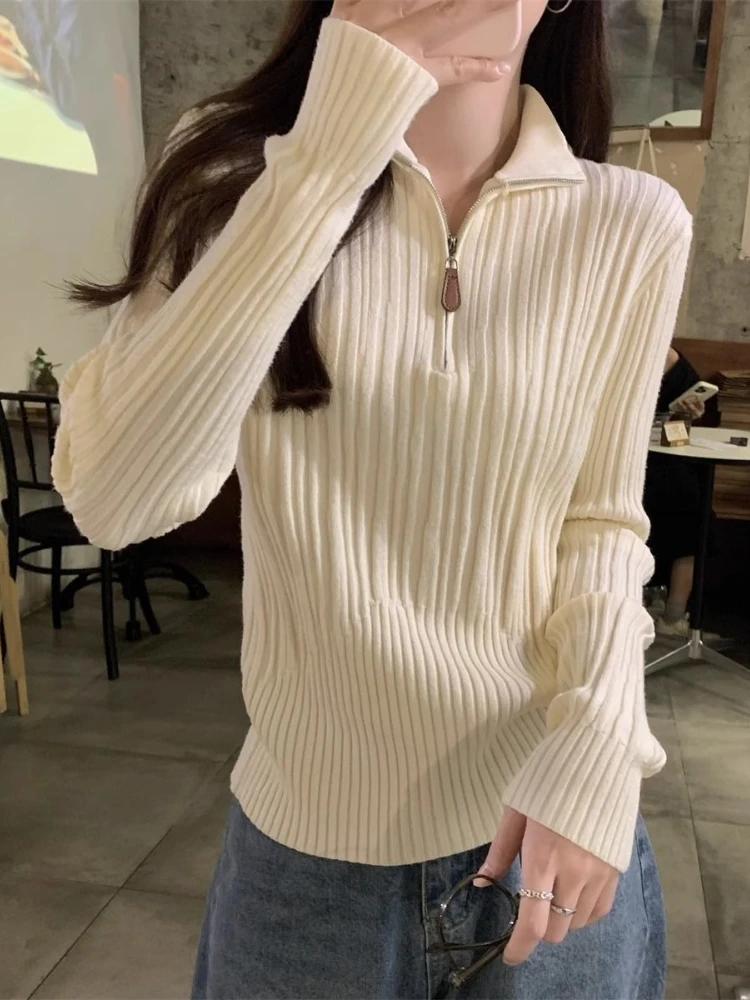 خمر جديد سليم كم طويل رقيقة تريكو المرأة الخريف الدافئة عادية شيك مطاطا سترة تصميم الرجعية هيبورن متماسكة البلوز 2025