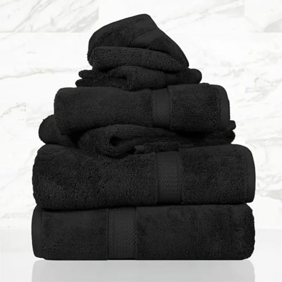 

Solid Egyptian Cotton Towel Set for Bathroom Use, Black, Ultra-Soft and Absorbent, 6-Piece Set Includes Washcloths 13 x 13, Han