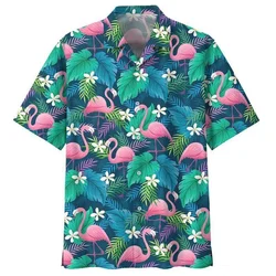 Cartoon Flamingo Birds Pattern Hawaiian Shirts Men 3D Printed Animal Short Sleeve Streetwear Button Blouse Oversized Lapel Shirt