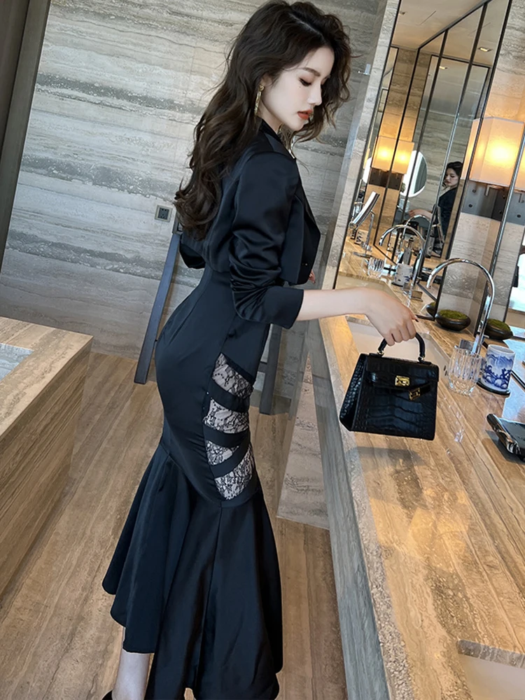 Spring Elegant 2 Pieces Set for Women 2023 Satin Lace Patchwork Black Single Button Short Jackets Slip Strap Mermaid Long Dress