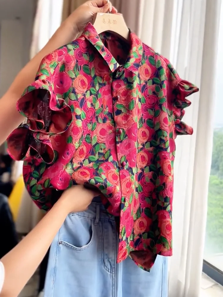 

Новая китайская женская блузка с цветочным принтом, модный топ больших размеров, стройнящий силуэт, лето 2025, корейская версия, свободный крой, повседневная одежда