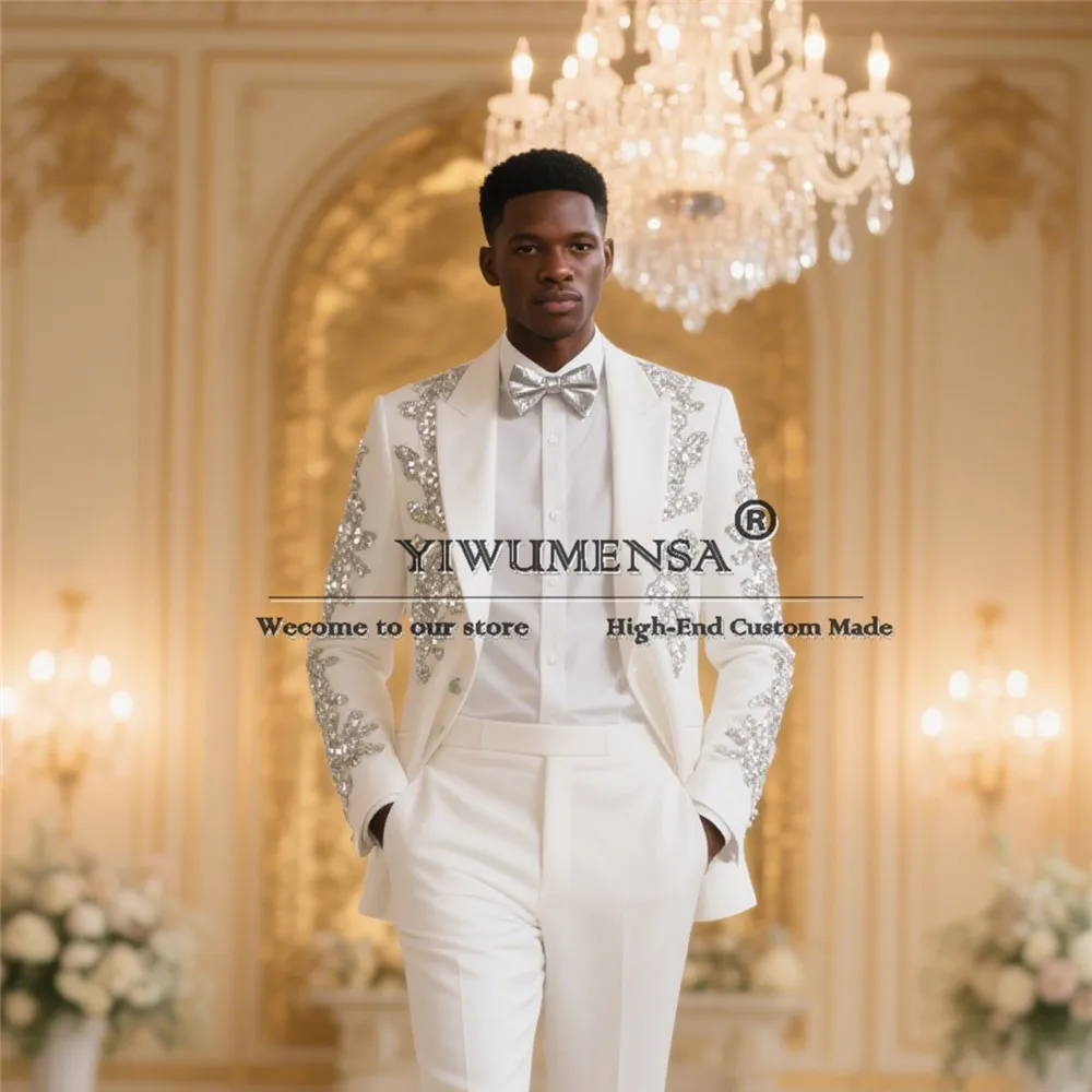 

Sparkly Crystals Beaded Suits Men For Wedding Single Breasted Prom Tuxedos Customized 2 Pieces Man Formal Party Evening Clothing