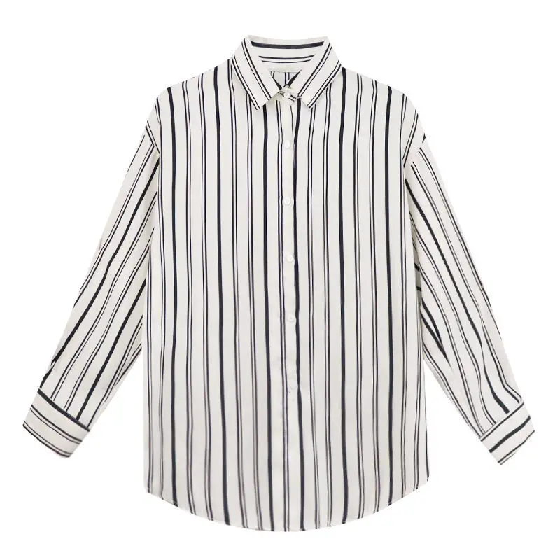Summer Thin Sunscreen Striped Chiffon Shirt Women's New Korean Loose Turn Down Collar Blouse S-3XL