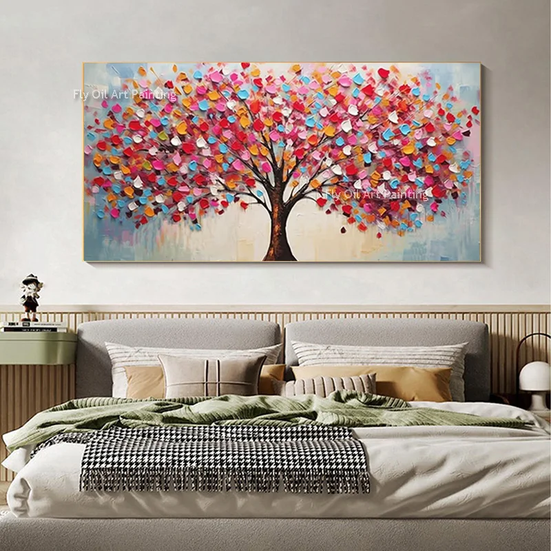 Rainbow Tree of Life Canvas, Hand‑painted Impasto Oil Painting, Bright Multicolor Horizontal Bedroom Wall Art