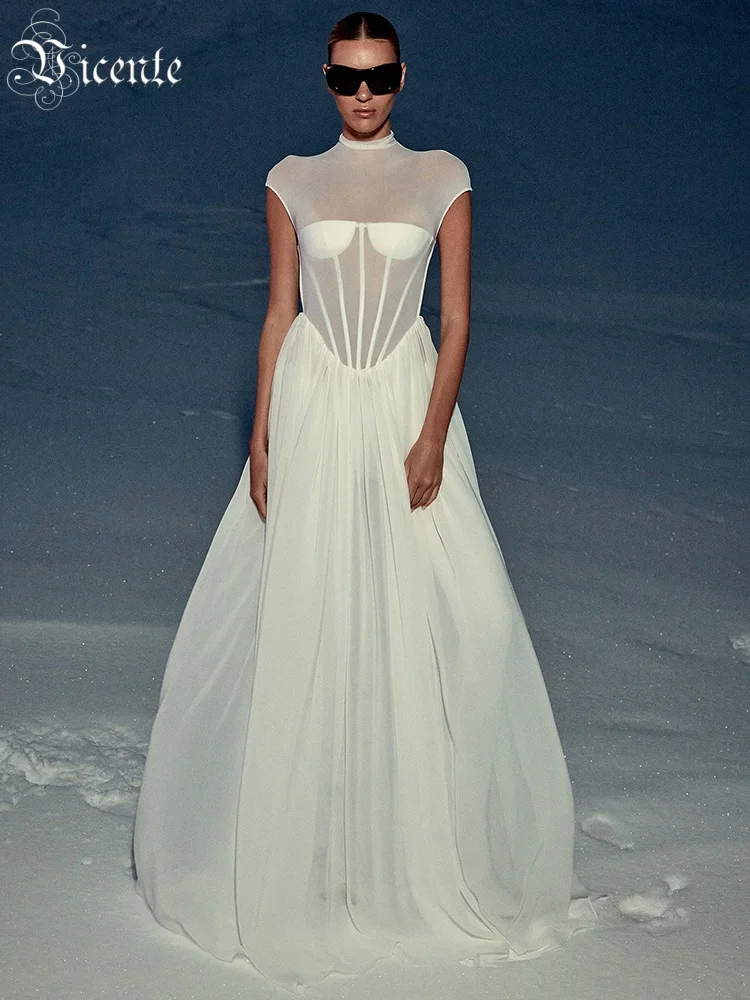 VC romantique éthéré col haut inspiré de la mariée robe longue blanche transparente pour robe de soirée de mariage