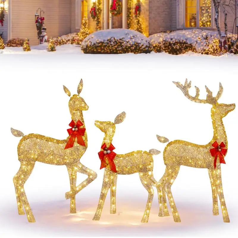 3pcs Handcraft Elk Deer Christmas Garden Decor&LED Light Glowing Glitter Reindeer Family Xmas Home Outdoor Yard Ornament Decor