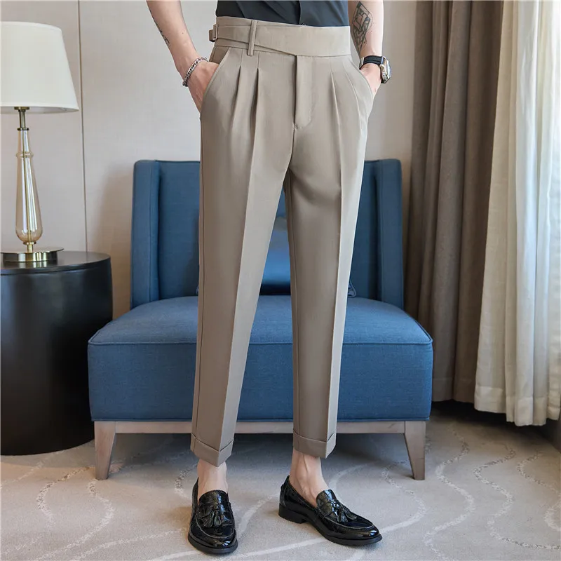 

Неаполь с высокой талией повседневные брюки Pantalones Hombre Slim Fit Мужская одежда модный ремень Дизайнерские плиссированные брюки мужские корейский стиль