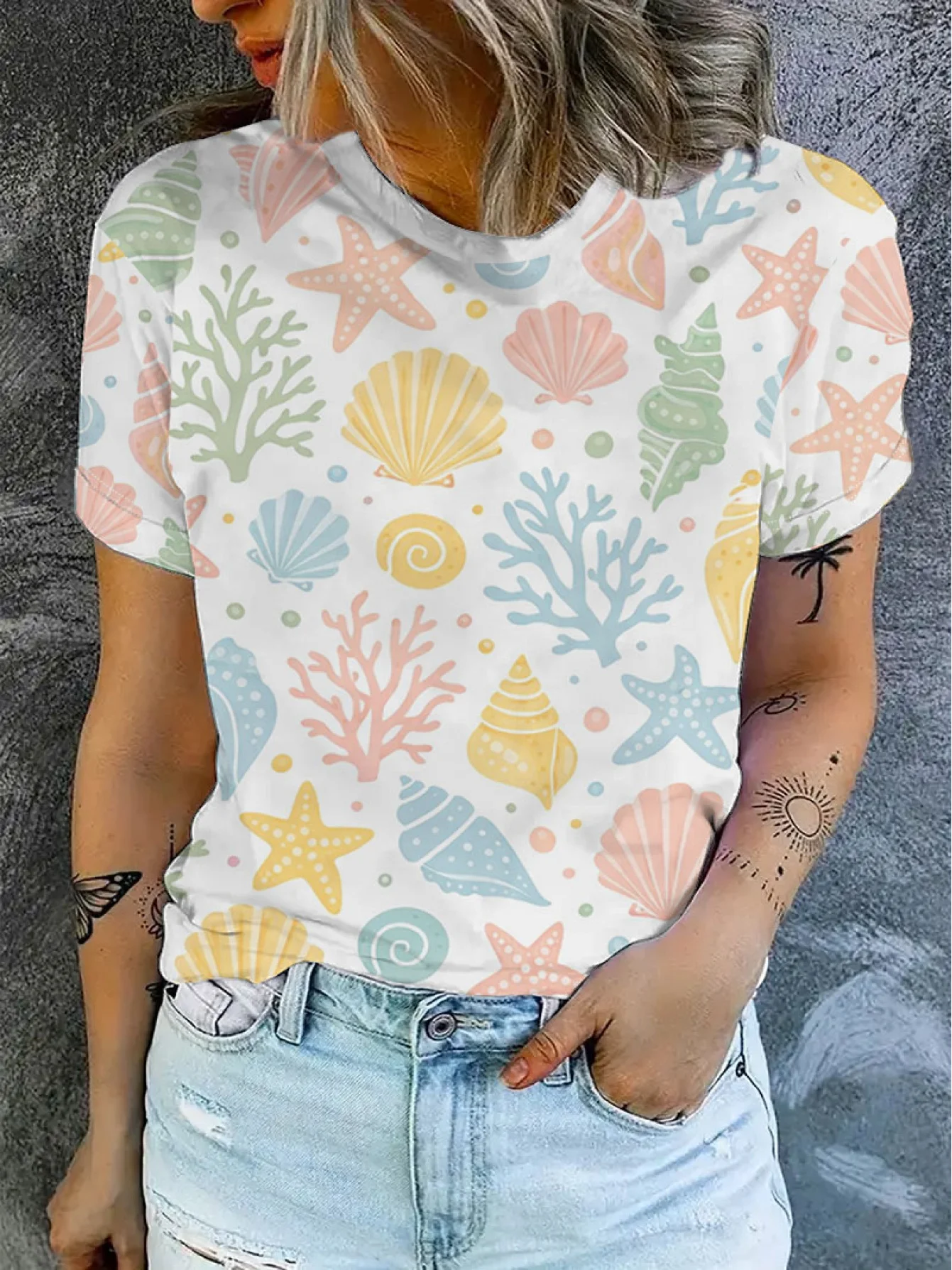New Summer Women's Round Neck T-Shirt White Ocean Life Print Coral Short Sleeve Tees Vacation Style Casual Versatile Women Top