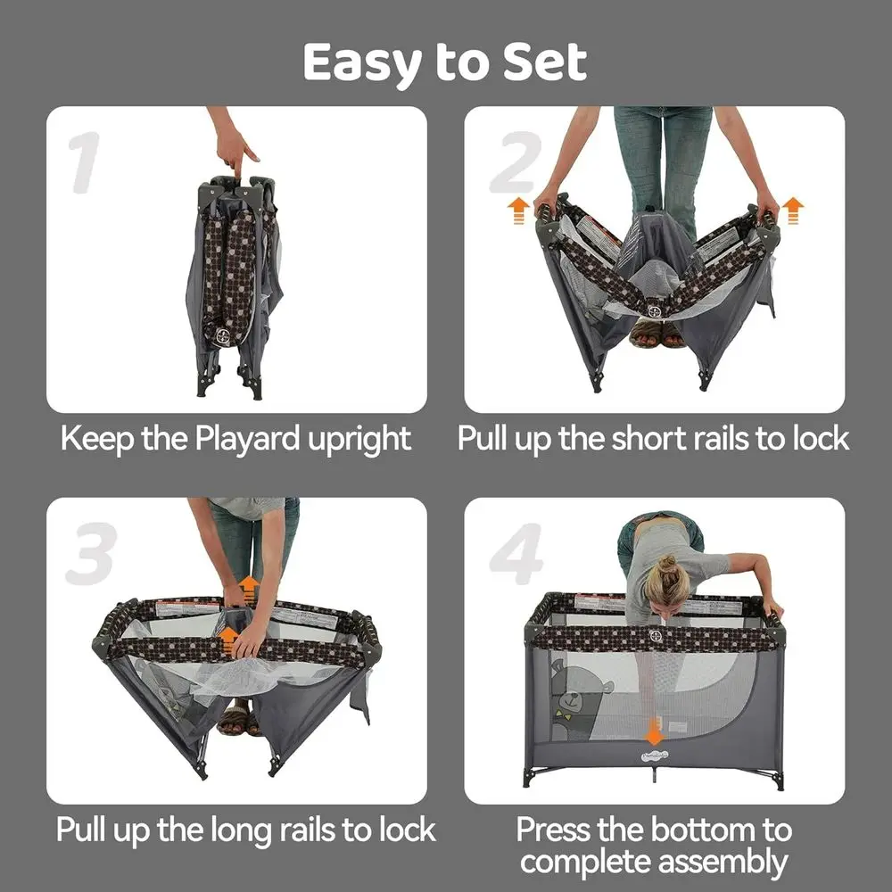 Szary przenośny kojec dla niemowląt z materacem i torbą do przenoszenia