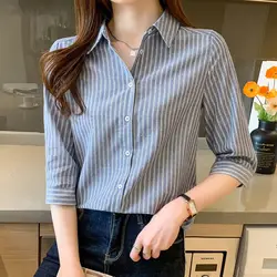 2023 Autumn and Winter New Korean Version Commuter Women's Clothing Splice Button 3/4 Sleeve POLO Collar Versatile Striped Shirt