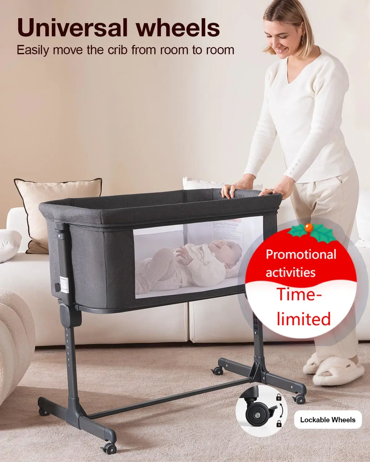

Baby Bassinet, 3 in 1 Bassinets Bedside Sleeper Crib Sleeper for Newborn, Portable Crib Adjustable 7 Height Bedside Bassinet wit