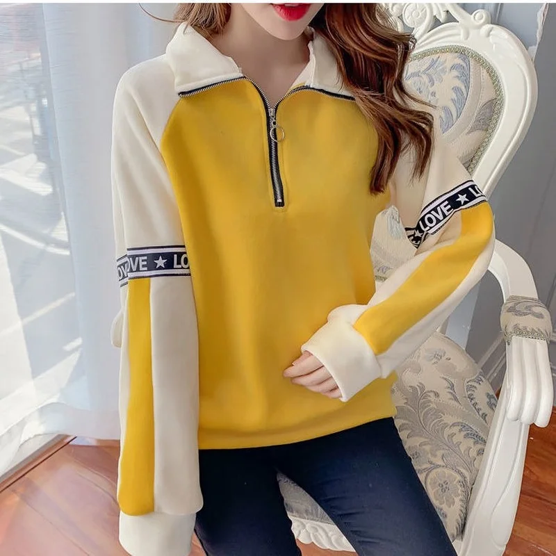 

Baggy Top Kawaii Loose Yellow Women's Sweatshirt with Zipper Woman Clothing Cute Full Zip Up Basic Korean Fashion Cotton Trend M