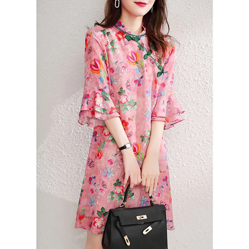 

Improved Chinese Style Dresses Summer National Three-quarter Sleeve Pink Printing Embroidery Mid Length Qipao Daily Cheongsam