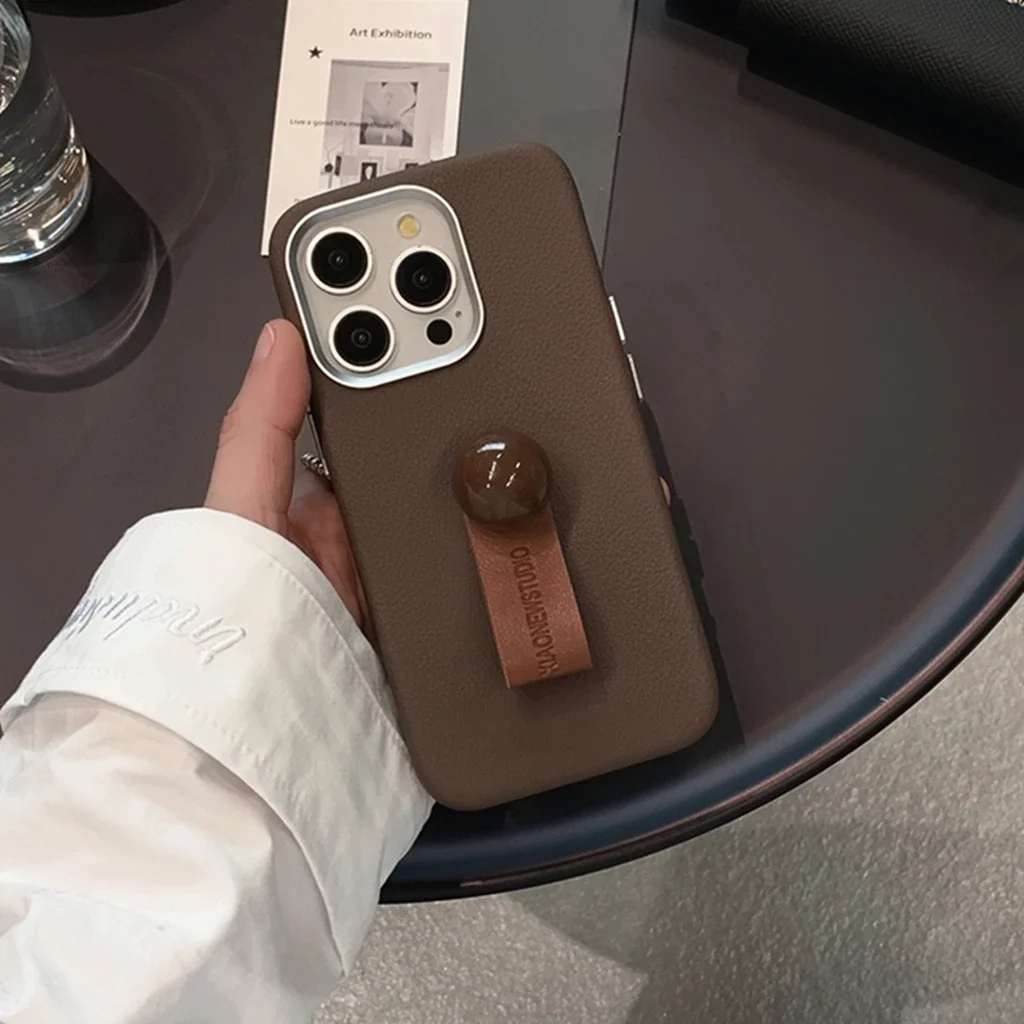 Retro Solid Color Stereoscopic Brown Bead Ring Buckle With Holder Phone Cover Case For iPhone 16 15 14 13 Pro Max