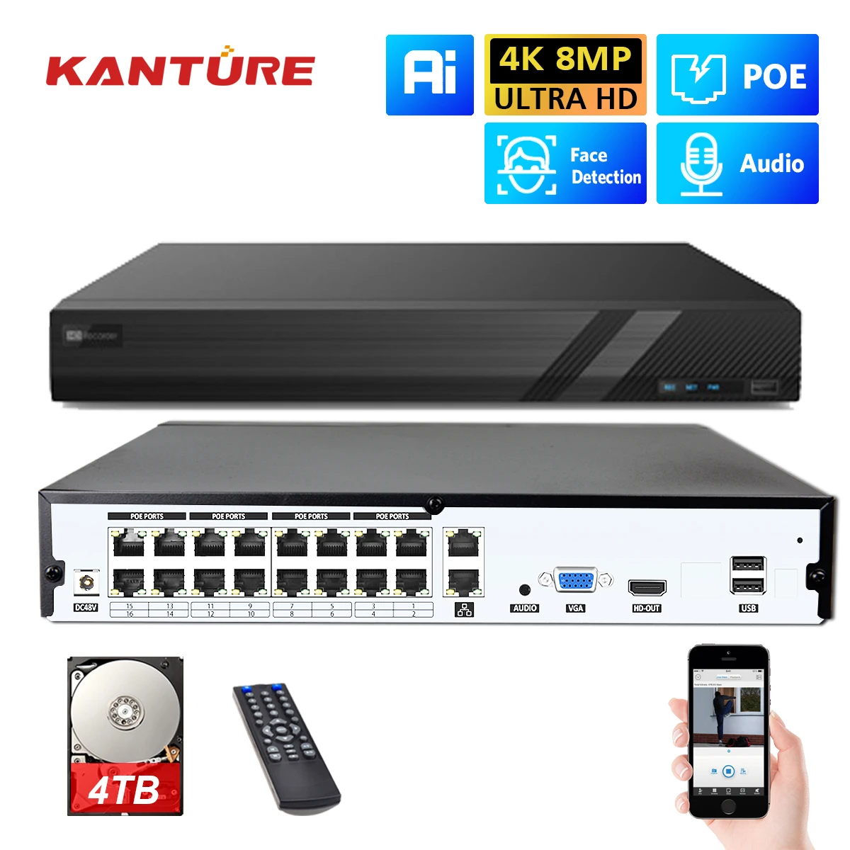 Videoregistratore di rete KANTURE 16CH 4K 8MP Ai rilevamento del volto umano POE NVR per sistema di telecamere IP di videosorveglianza di sicurezza