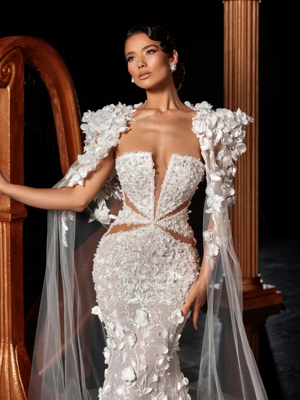 فستان زفاف مصنوع يدويًا ثلاثي الأبعاد مزين بالزهور مع أكمام كيب لؤلؤ رائع حورية البحر فستان زفاف مخصص للعروس #2