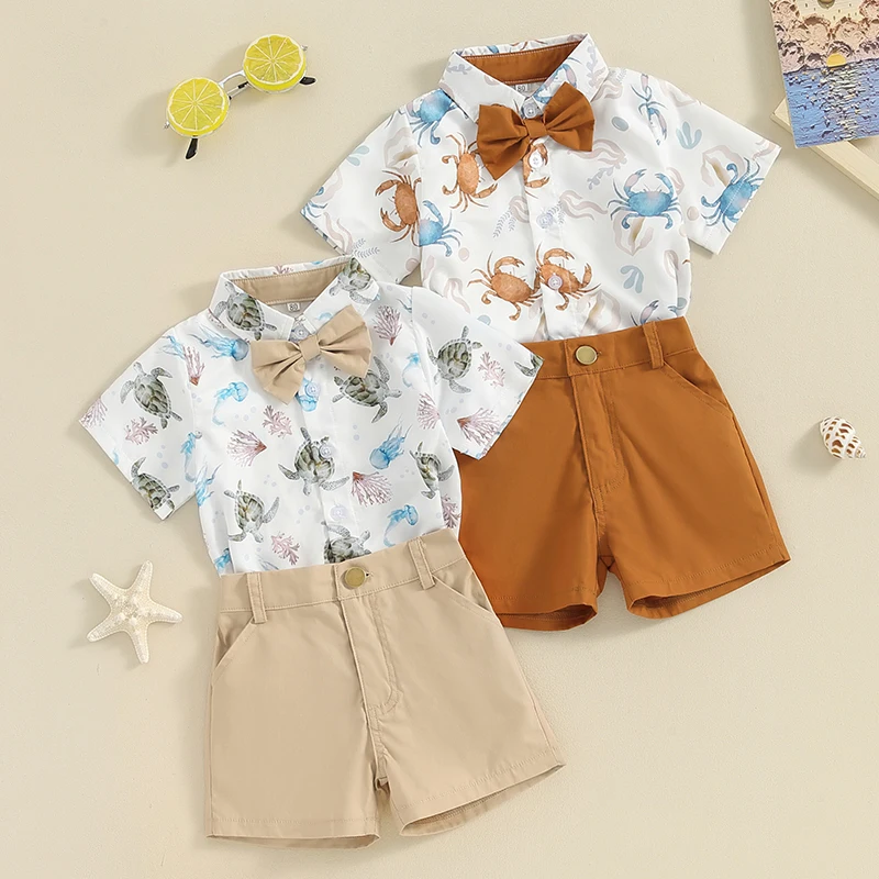 

2024-01-04 Lioraitiin 6M-4Y Toddler Baby Boy Gentleman Outfit Ocean Print Short Sleeves Shirt with Bow Tie and Shorts Set