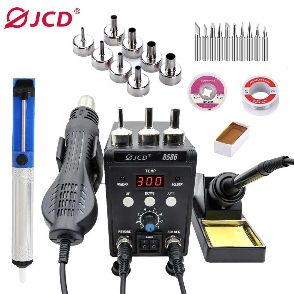 JCD Soldering Station 8586D 2 IN 1 Hot Air Gun Solder Station with 2 Digital display,10-Minute Sleep Mode for SMD Rework 7TK