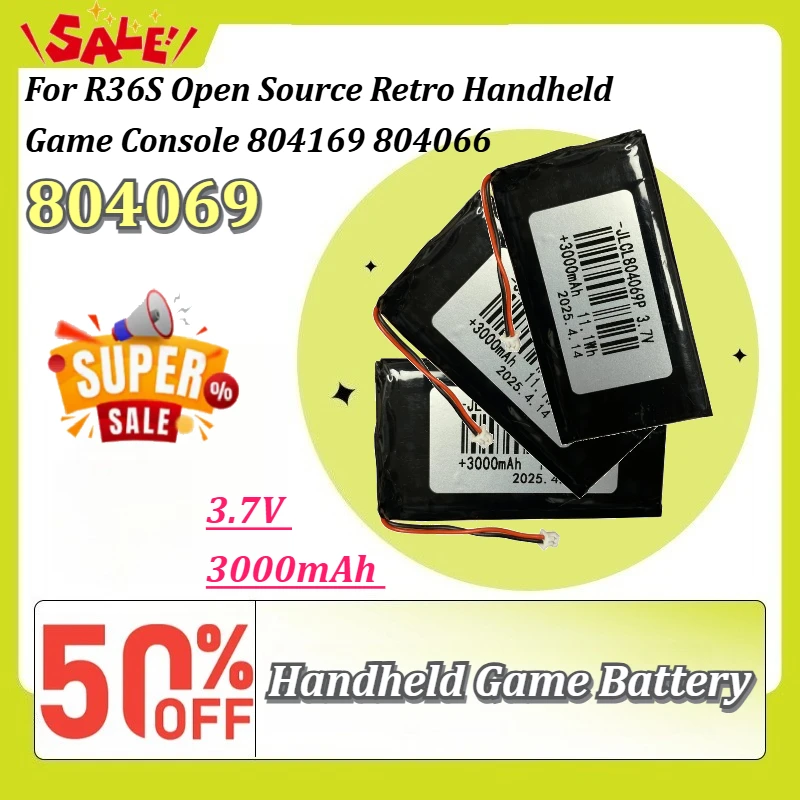 804069 3.7V 3000mAh LiPo Replacement Battery for R36S Open Source Retro Handheld Game Console 804169 804066 Rechargeable Battery