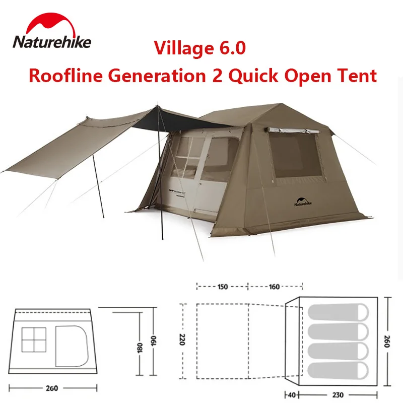 Naturehike Village 6.0 One Touch Tent Hut Automatic Tent Tourist Camping Windproof Double Layer Quick-Opening Tent 4-8 Persons