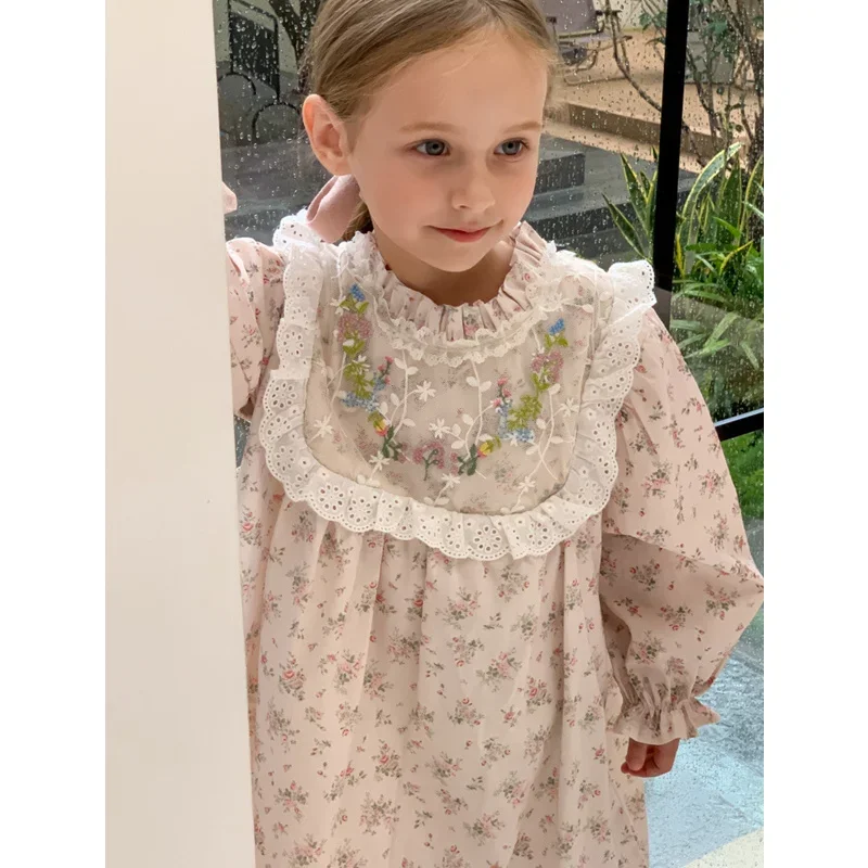 

‌Spring Autumn Baby Girls Ruffled Hem Floral Dress Vintage Long Sleeve Ball Gown Elegant Party Chiffon Lace Dresses 2-8 Years