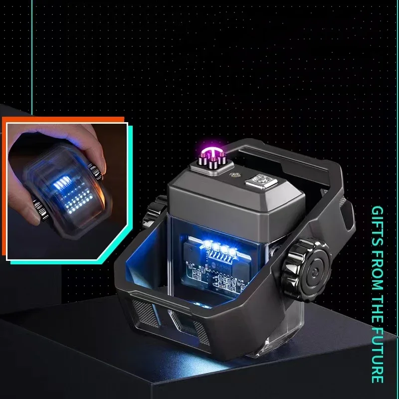 Metal Mecha Windproof Dual Arc Pulse USB Lighter Folding Machine Height Rotating Gyro Battery Display Lighters Smoking Gadgets