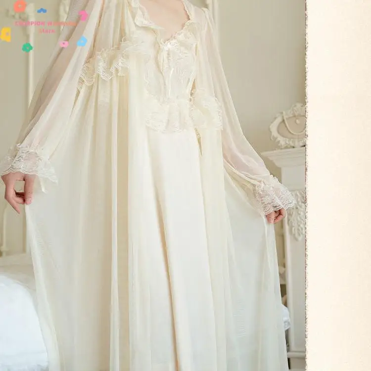 Sweet Princess Satin Sleepwear Women Sexy Lace Patchwork Robe Set Court Style Homedress Bridal Wedding Dressing Gown Nightwear