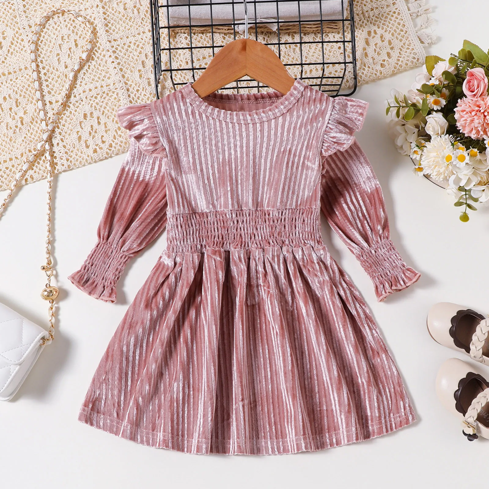 0 1 2 3 Years Children's Girls Dress Autumn Winter Long Sleeved Striped Velvet Dress Long Sleeve Cute Ruffles Princess Dresses