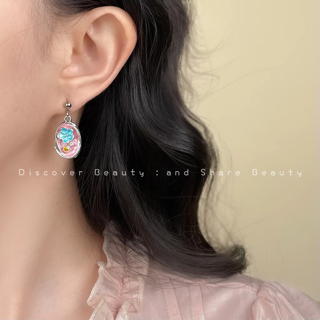 DIY accessories Literary and retro oil painting flower earrings enamel oil drop pearl earrings French sweet and elegant temperam