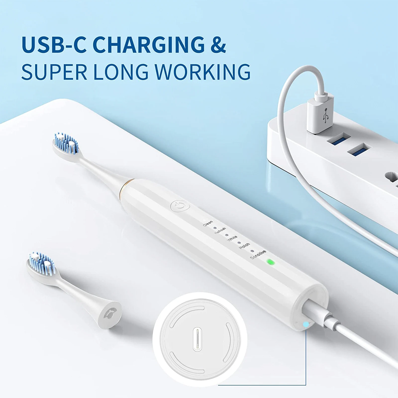 Cepillo de dientes eléctrico ultrasónico portátil para adultos, recargable por USB, impermeable IPX7, temporizador inteligente, herramienta de limpieza dental