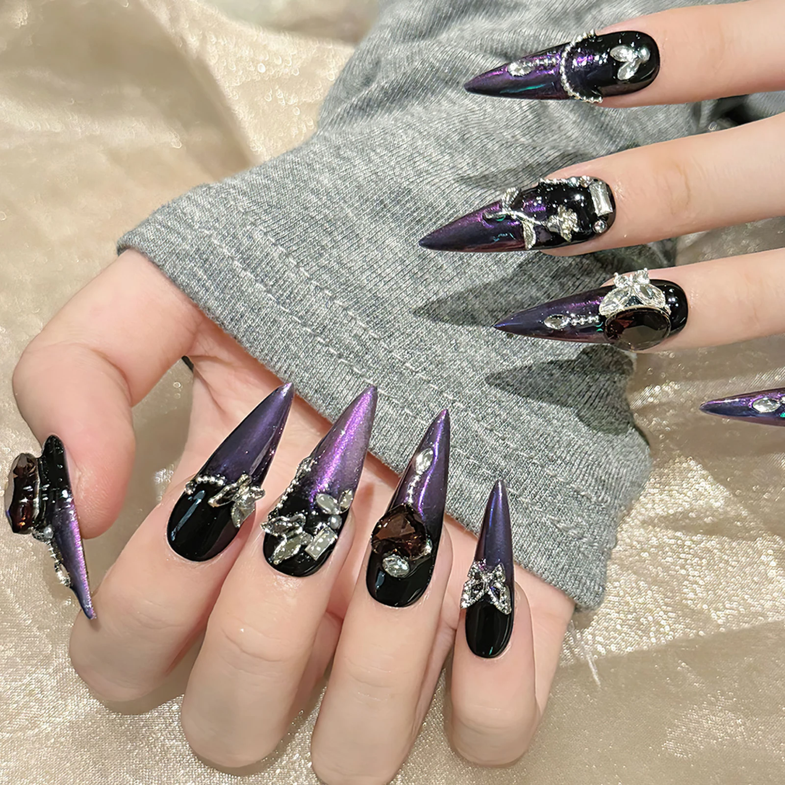 10pcs Halloween Long Pointed Almond Press on Nails DIY Handmade Wearing Armor False Nails for Cool Spicy Girl Party Wearing