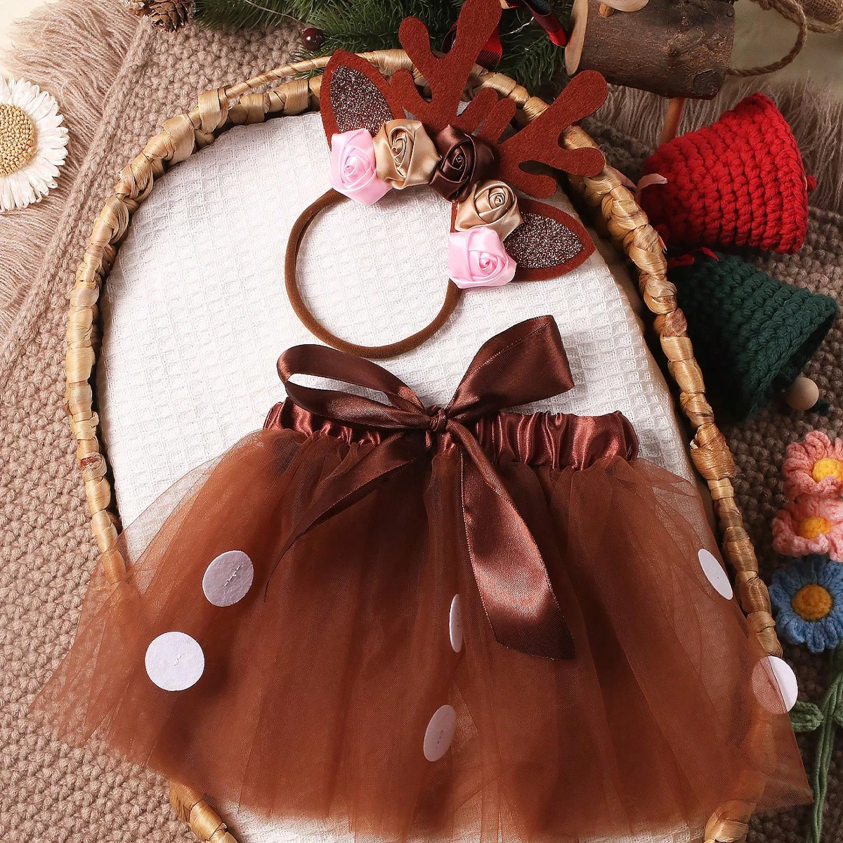 Ylsteed Newborn Girl Christmas Deer Outfit for Photo Shooting Infant Photography TUTU Skirt with Flower Headband Picture Props