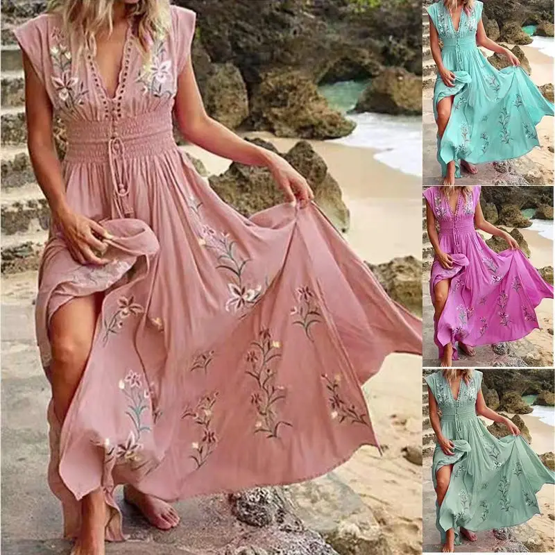Boho-Kleid für Damen, gerüscht, V-Ausschnitt, Blumenmuster, Vintage, hohe Taille, A-Linie, langes Kleid, ärmellos, Schnürung, Jacquard, Maxi-Sommerkleid