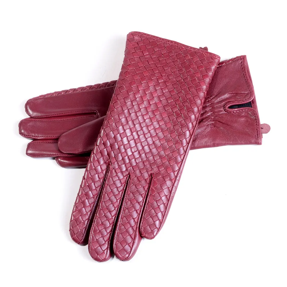 Women\'s 100% Real Leather Winter Warm Elegant Woven Design Lambskin Goatskin Classical Driving Riding Touch Screen Short Gloves