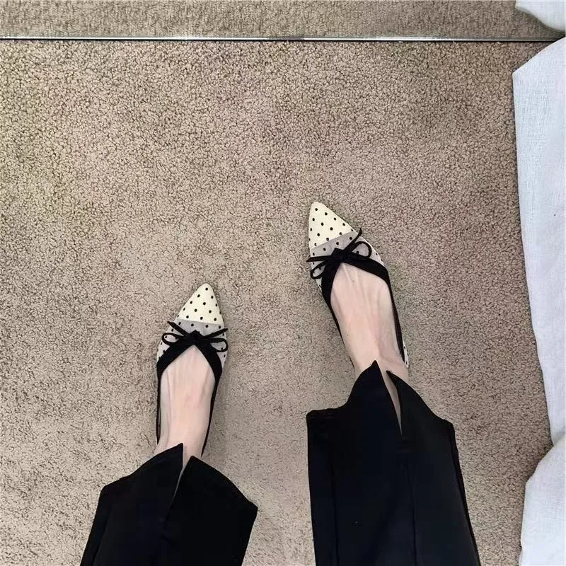 2026 Summer New Polka Dot Single Shoe Air Mesh Pointed Toe Butterfly Knot Soft Bottom Shallow Mouth Flat Heels Casual Women Shoe - view 3